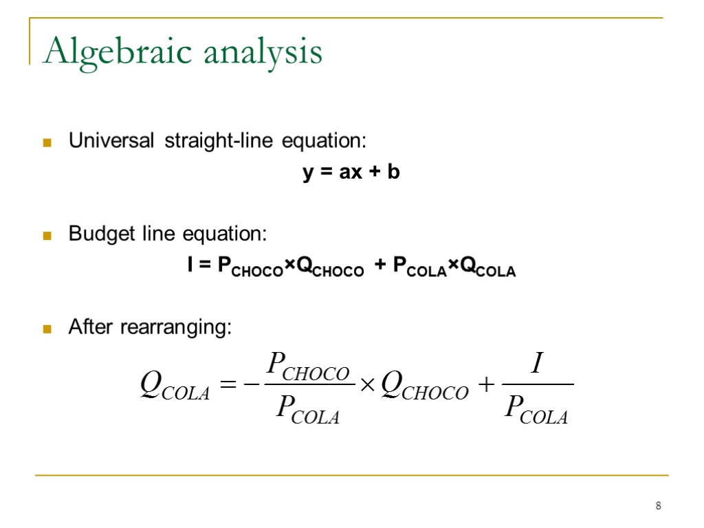 8 Algebraic analysis Universal straight-line equation: y = ax + b Budget line equation: